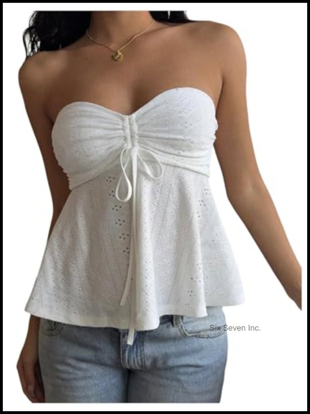 Eyelet Tie Front Strapless Peplum Tube Top Ruffle Hem